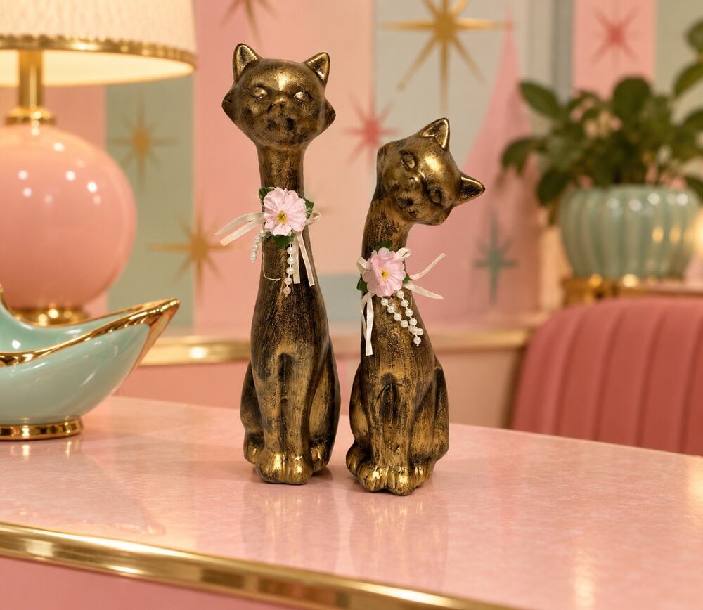Vintage 1980s Mid Century Kitsch Cat Figurines Pair Gold Pink Flowers 9.5”